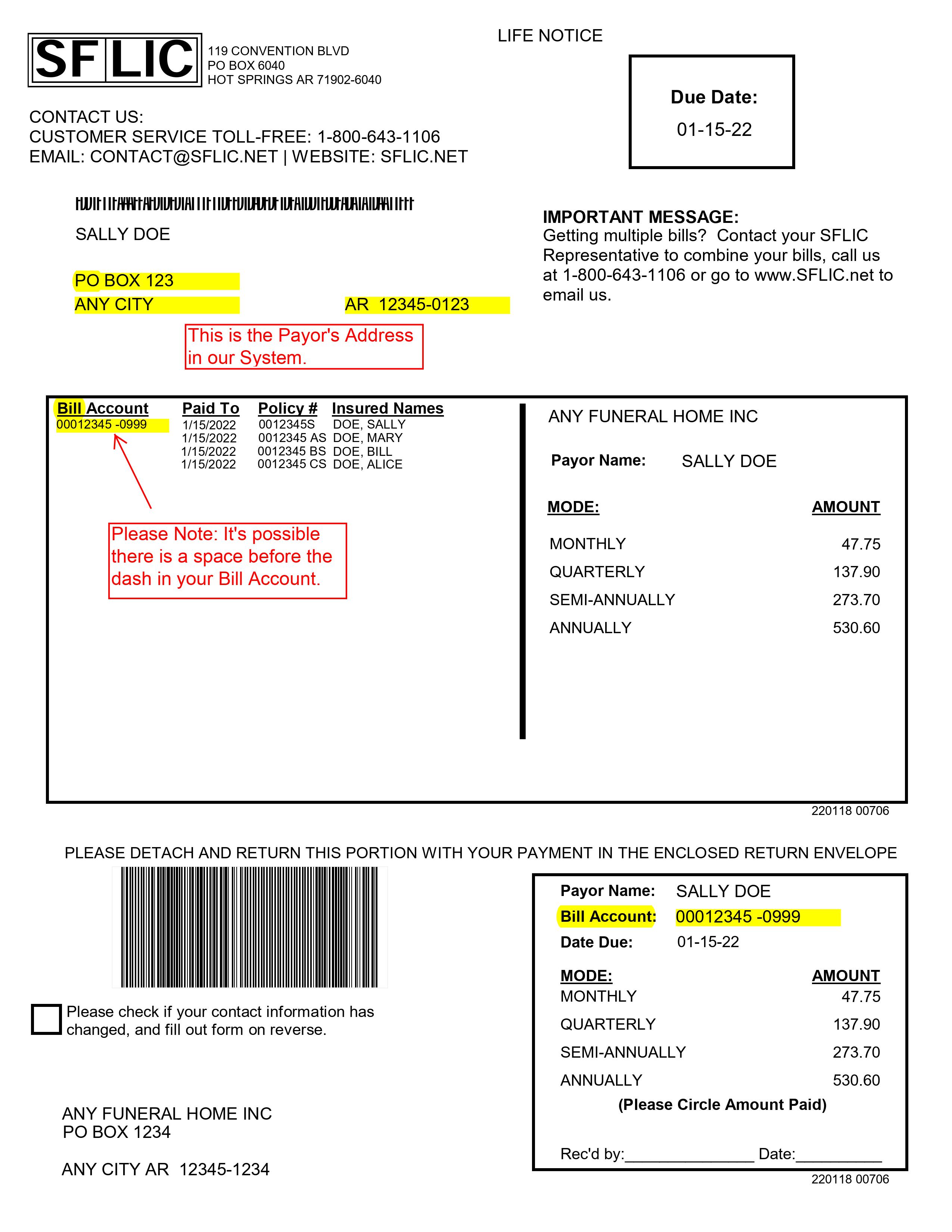 Example of a bill from SFLIC